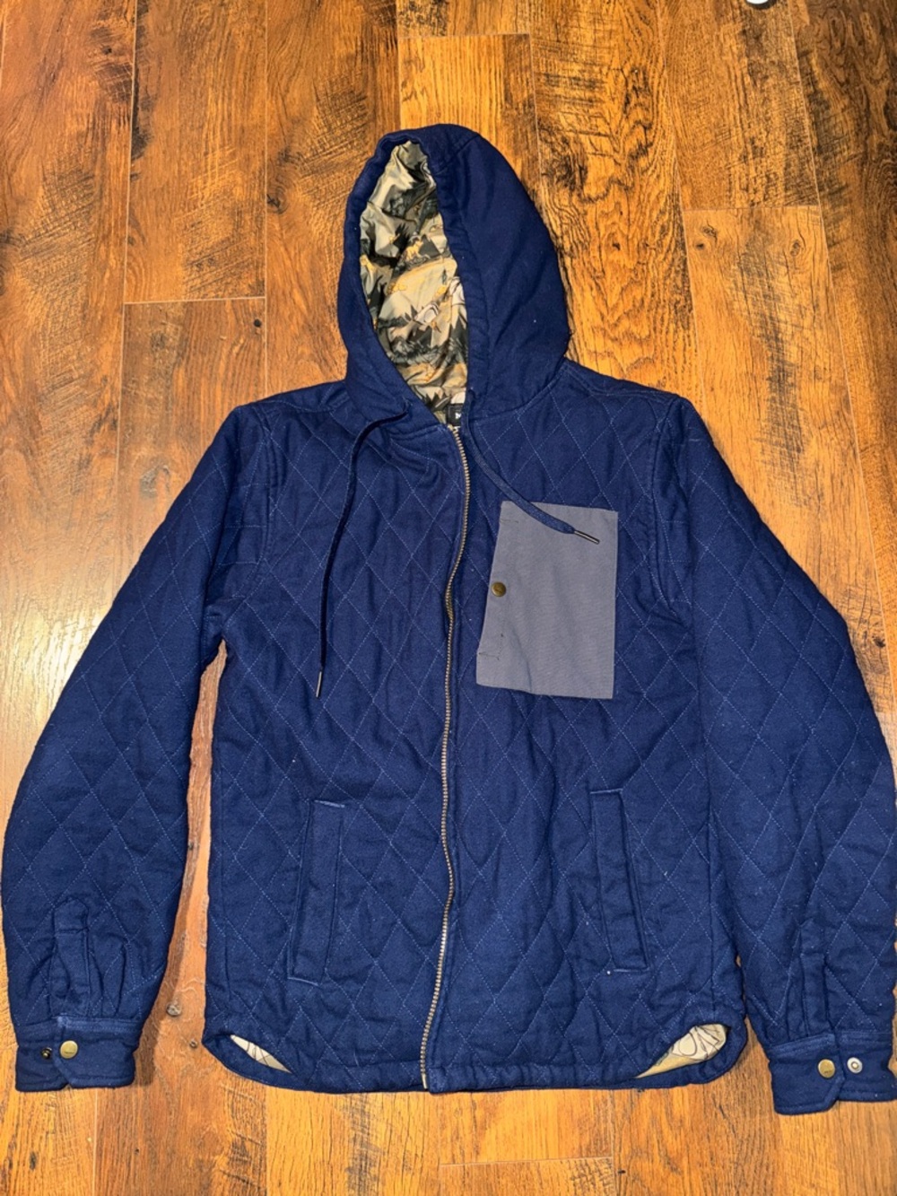 Navy Quilted Hooded Jacket with Printed Camp Lining